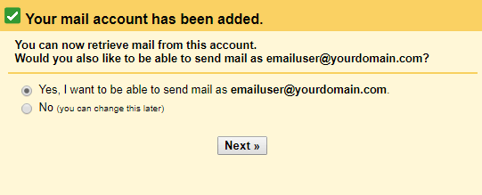 This is the message prompt that will allow you to set up gmail to send emails from your custom domain.