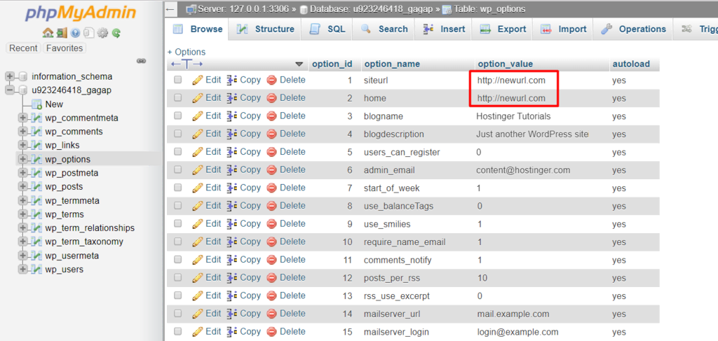 The new URLs in wp_options table