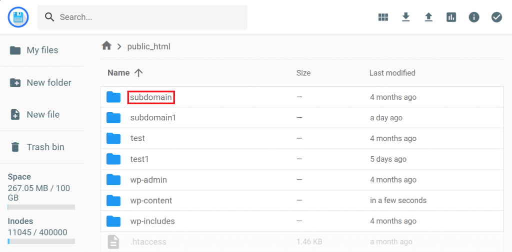 The subdomain folder in File Manager on hPanel

