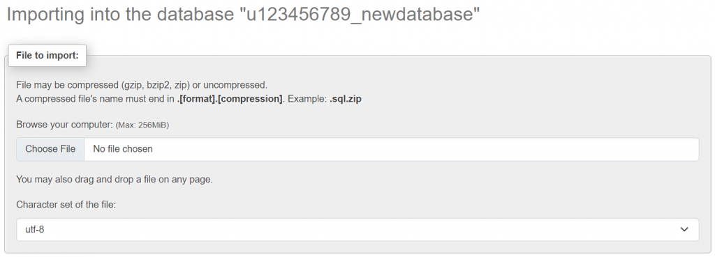 phpMyAdmin database archive import menu