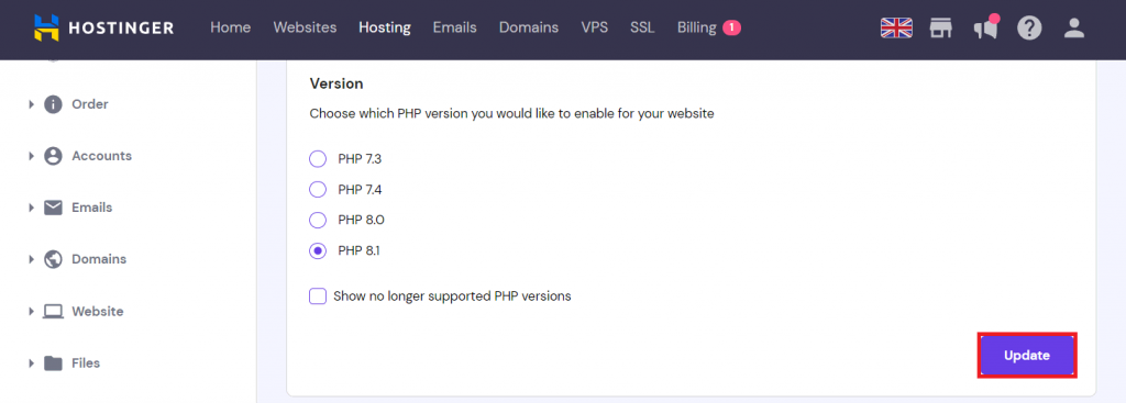 The Update button in the PHP version tab on hPanel