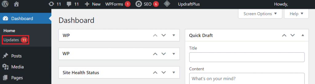 The Updates button on the WordPress dashboard sidebar
