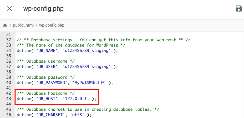 wp-config.php file, with the database host information highlighted
