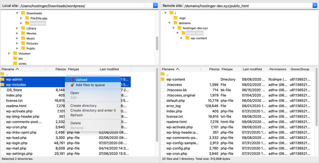 Uploading wp-admin and wp-includes folders from the local site to the remote site.