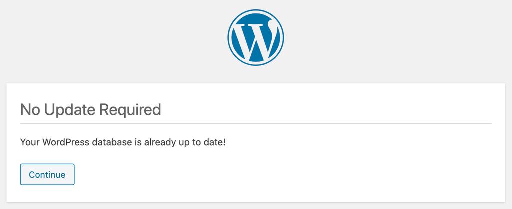 A window showing that WordPress database is up to date.