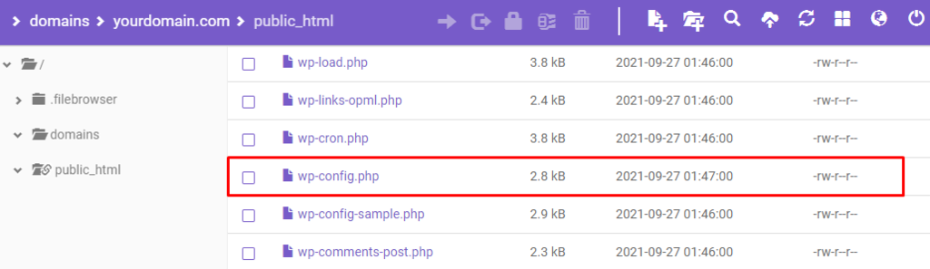 wp-config.php file on File Manager.