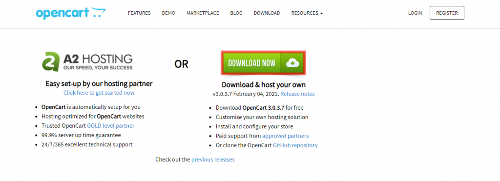 Screenshot showing how to downlaod opencart