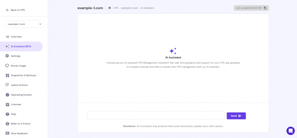 The AI Assistant BETA page on hPanel's VPS dashboard
