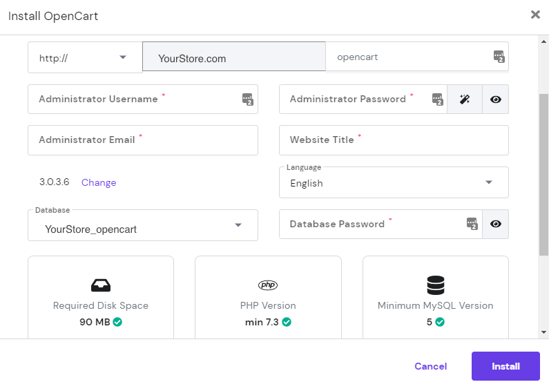 Screenshot showing how to install OpenCart on hPanel