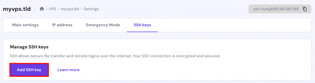 The SSH Keys page on hPanel. The button to add a SSH key is highlighted