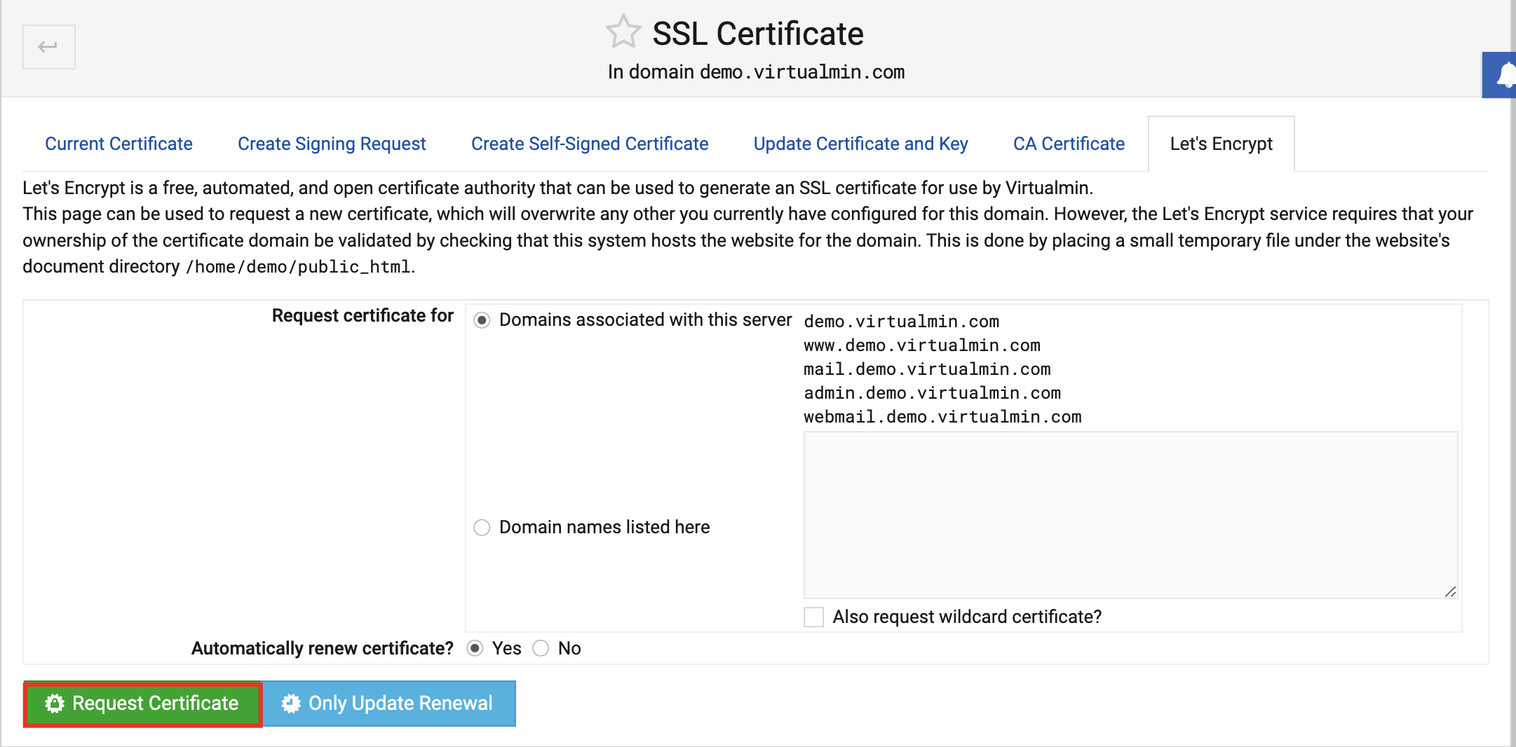 Let's Encrypt settings in Virtualmin