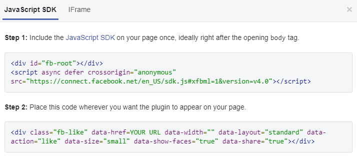 Like Button Code Snippet in JavaScript SDK tab