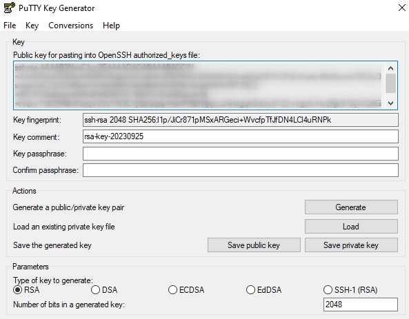 The generated SSH key window on puttygen