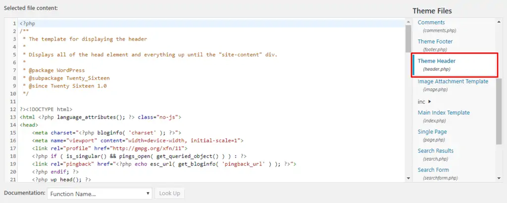 WordPress Theme Editor, with the Theme Header file highlighted