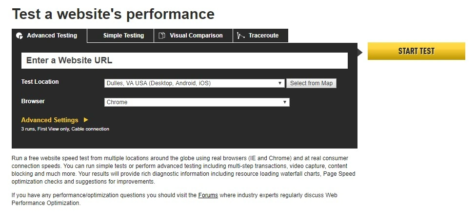 Webtest.org homepage for page analysis 