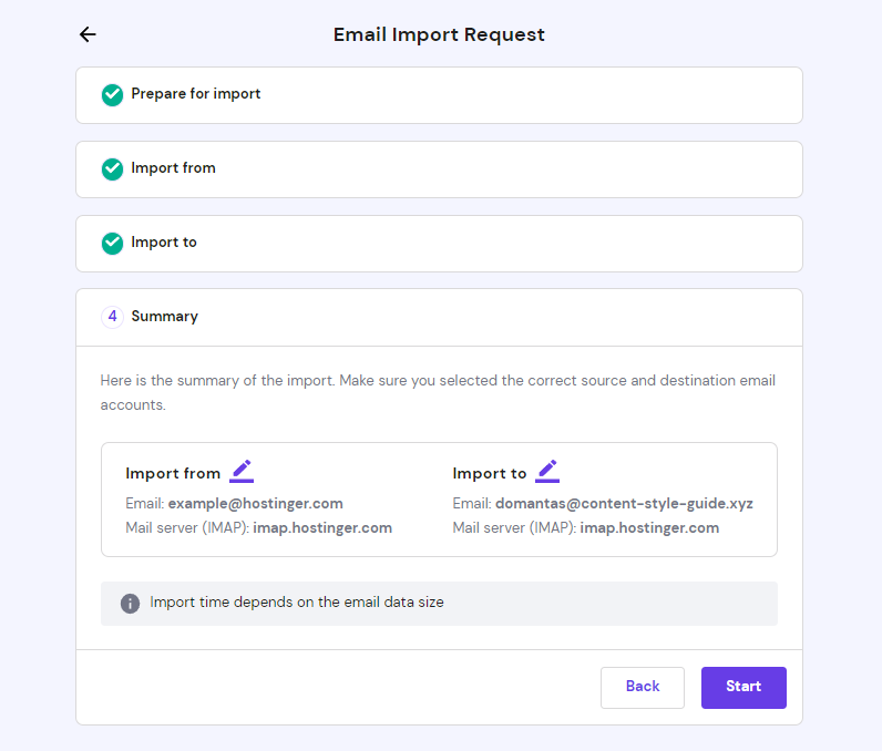 Email import request summary