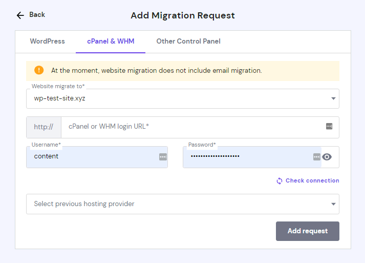 Migration request form from cPanel and WHM