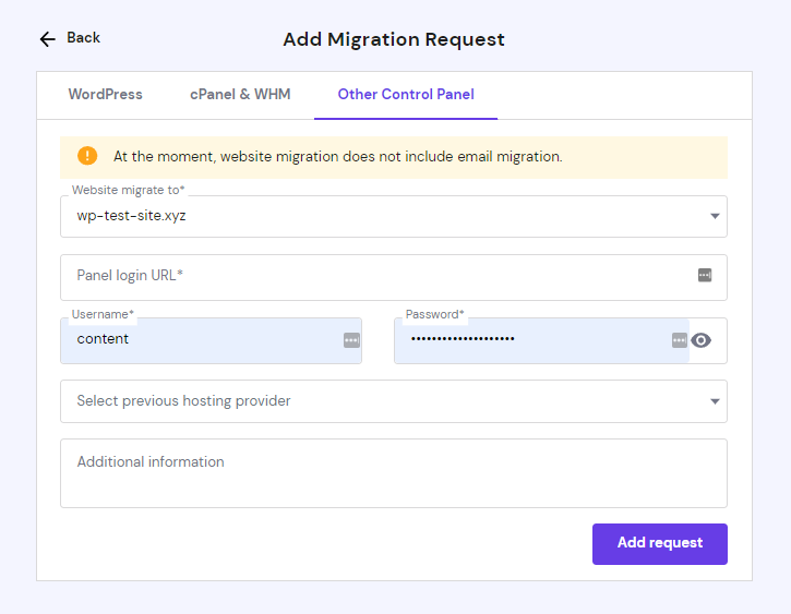 Migration request form from other control panel
