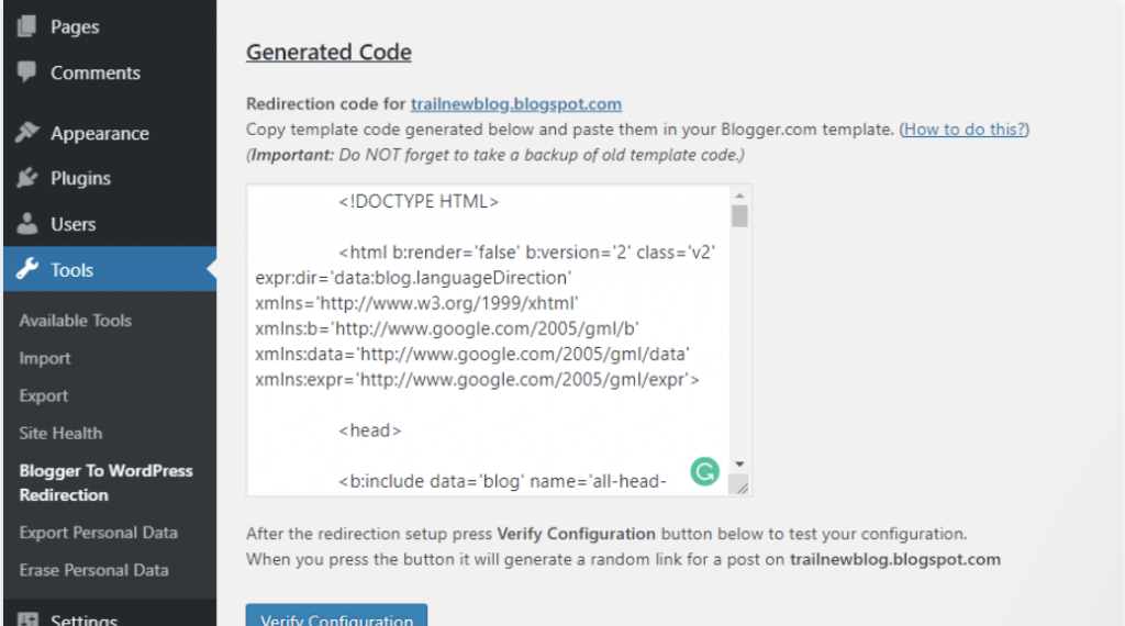 Generated code settings page