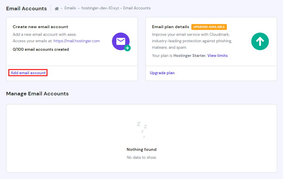 The email accounts page on Hostinger