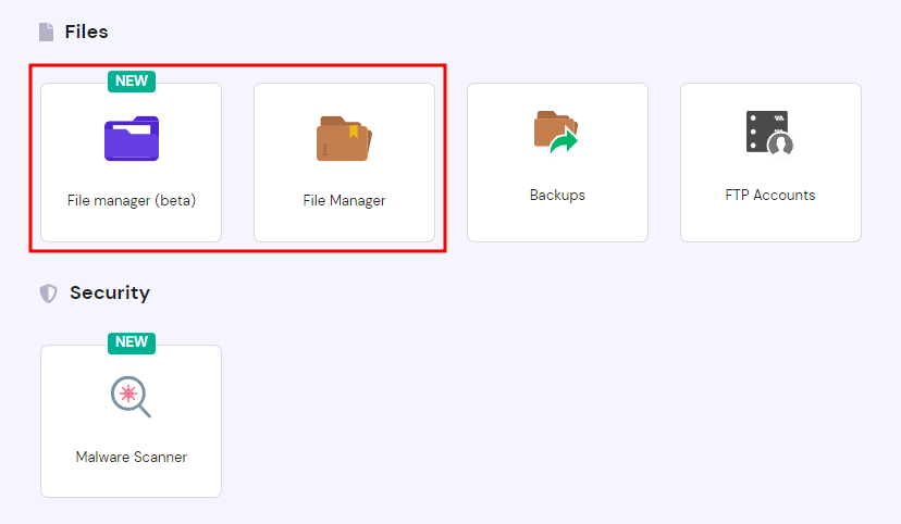The file manager buttons on hPanel