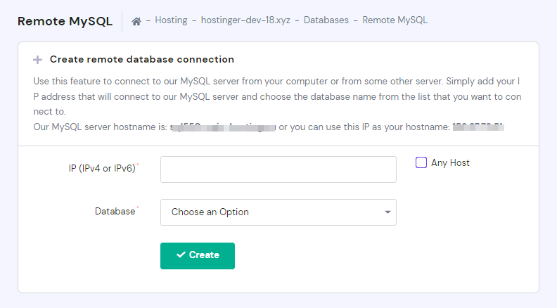 The remote MySQL page on Hostinger