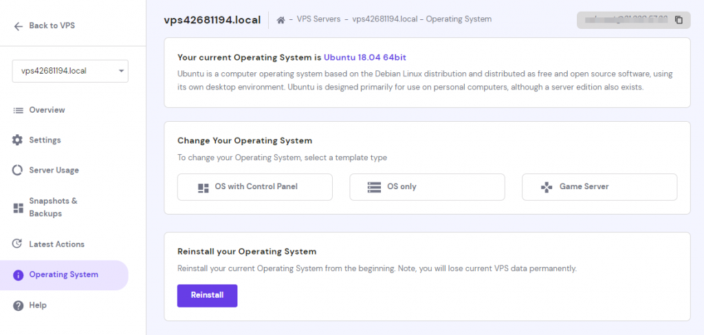 VPS operating system page on Hostinger