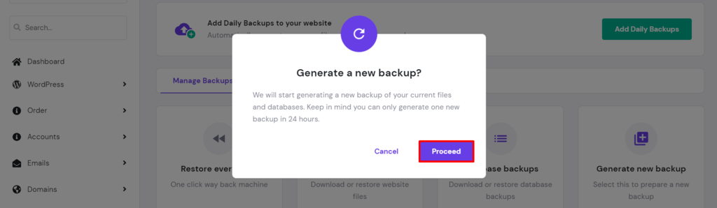 The Generate a new backup popup on the hPanel, showing where to click Proceed