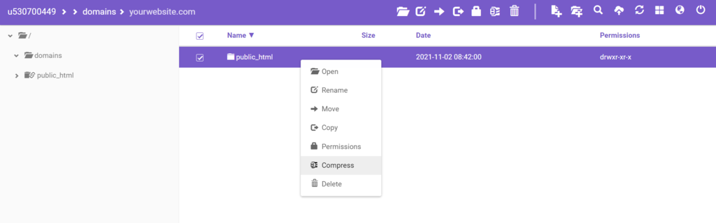 The File Manager in the hPanel, showing how to compress the public_html folder