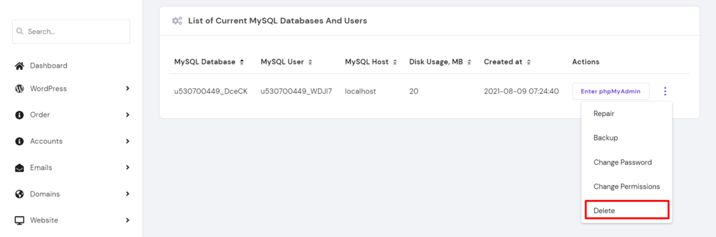 The MySQL Databases section in the hPanel, showing how to delete the current MySQL database