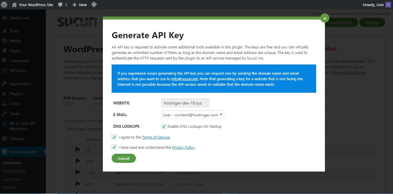 This image shows the process of generating Sucuri's API key