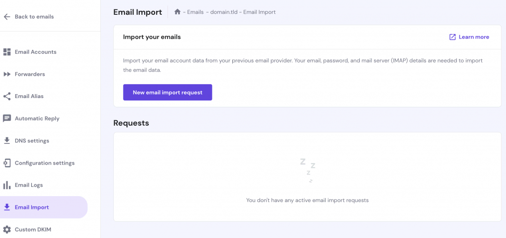 Email import page on Hostinger