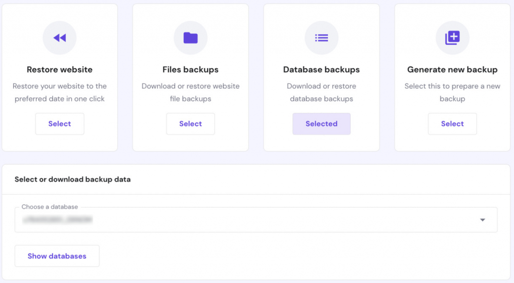 The Backups section on hPanel. Database backups option is selected