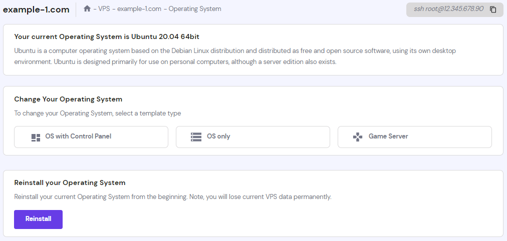 The Operating system page on hPanel's VPS management