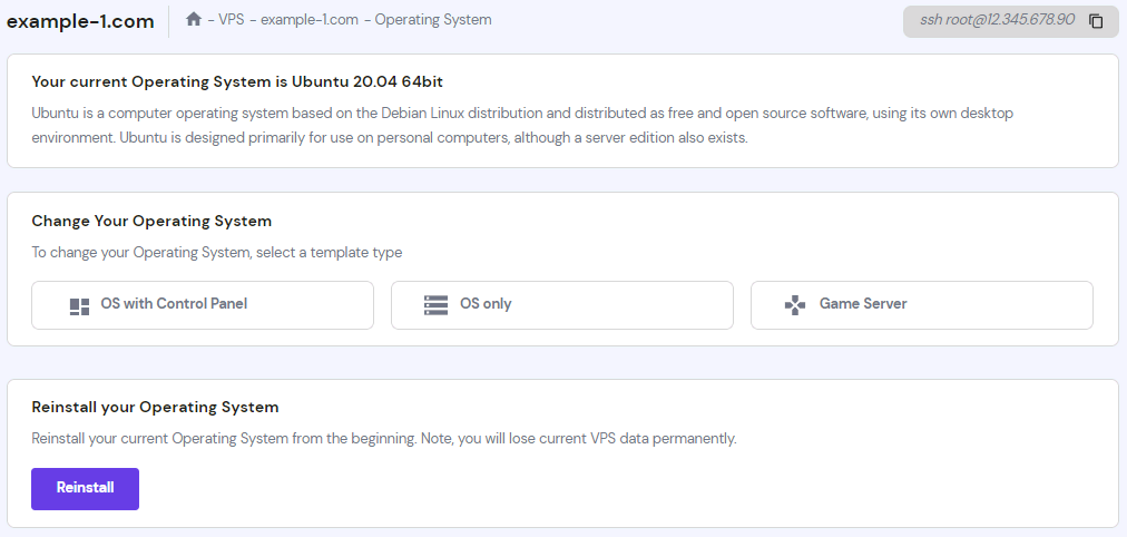 The Operating system page on hPanel's VPS management