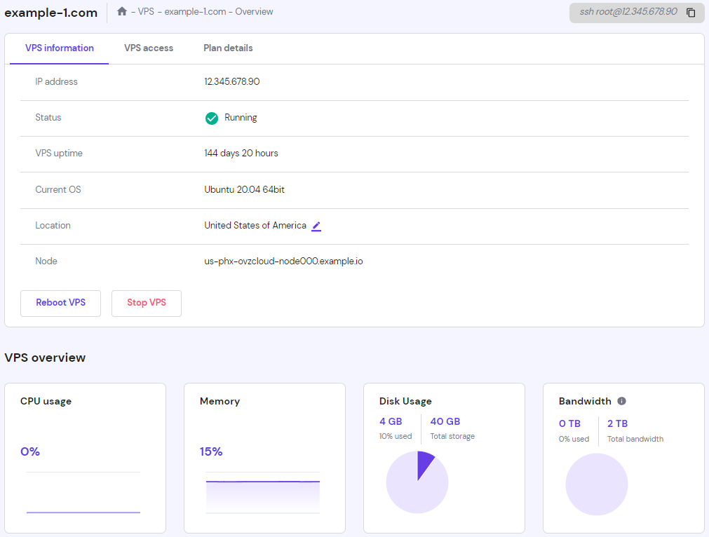 The VPS information section on hPanel