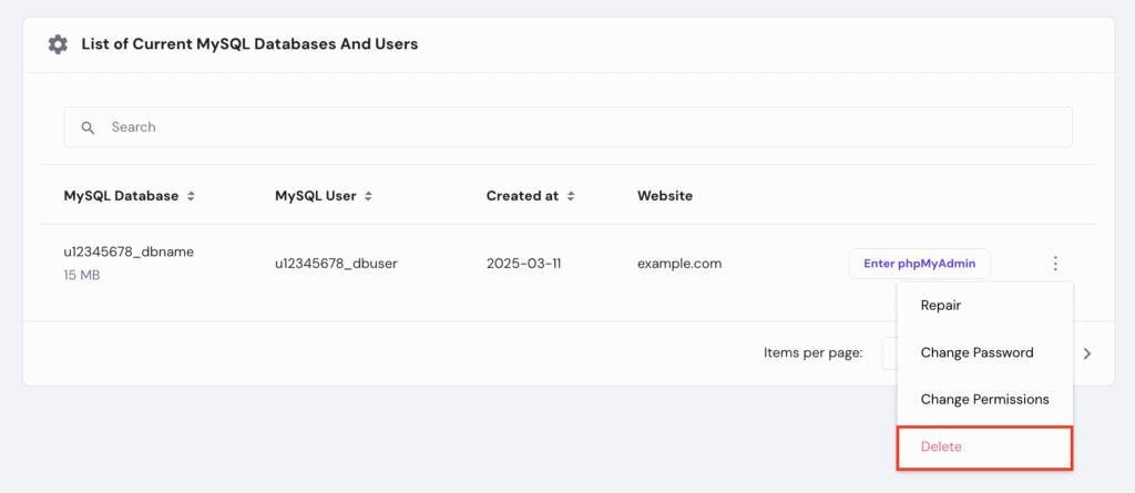hPanel Databases management screen with the delete option highlighted for a WordPress database.