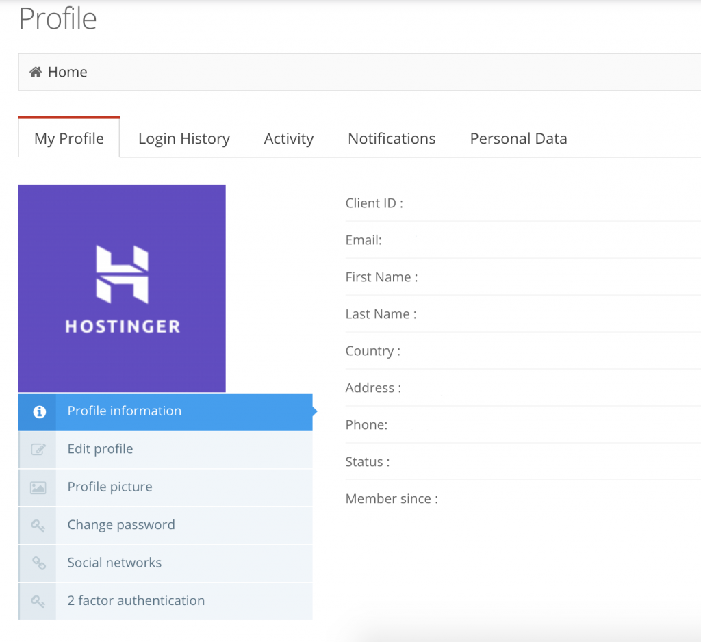Hostinger Profile Page