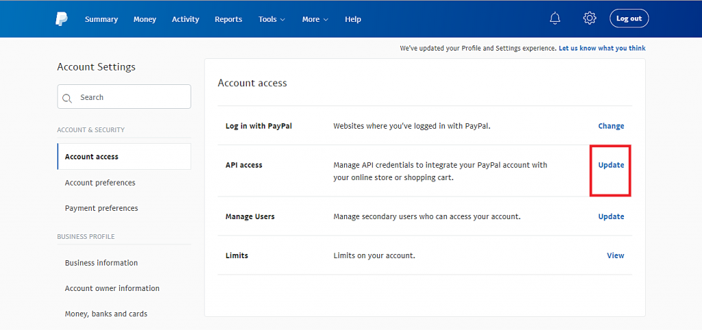 This image shows you the Update button of the API access option.