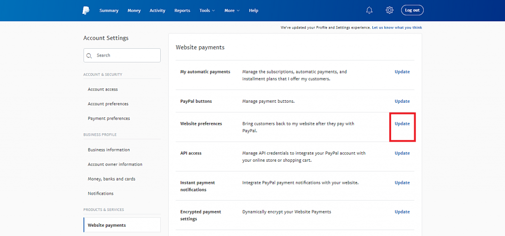 This image shows you the Update button of the Website preferences option to obtain PayPal's identity token.