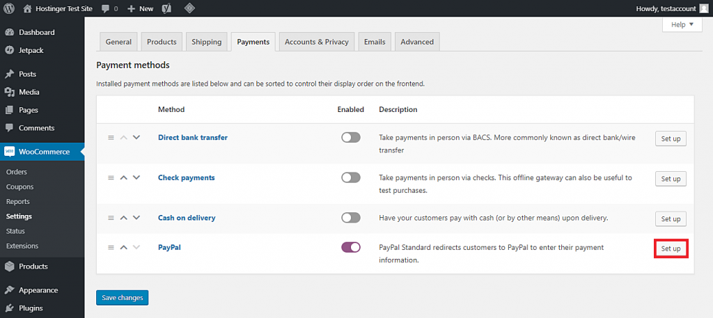 This image shows you how to enable PayPal as your WooCommerce store's payment gateway and access its settings page.