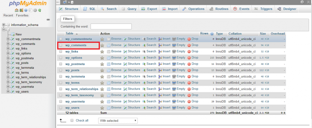 This image shows you how to access wp_comments from phpMyAdmin.