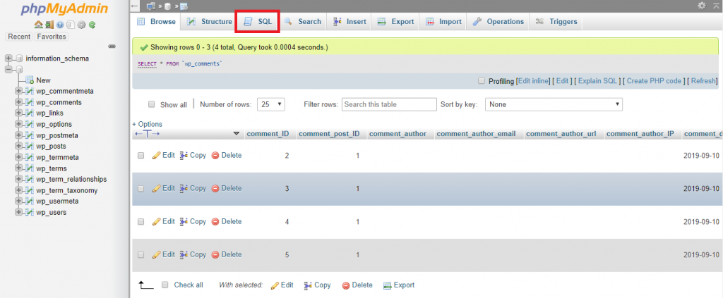 This image shows you how to access the SQL query tab of the selected table.