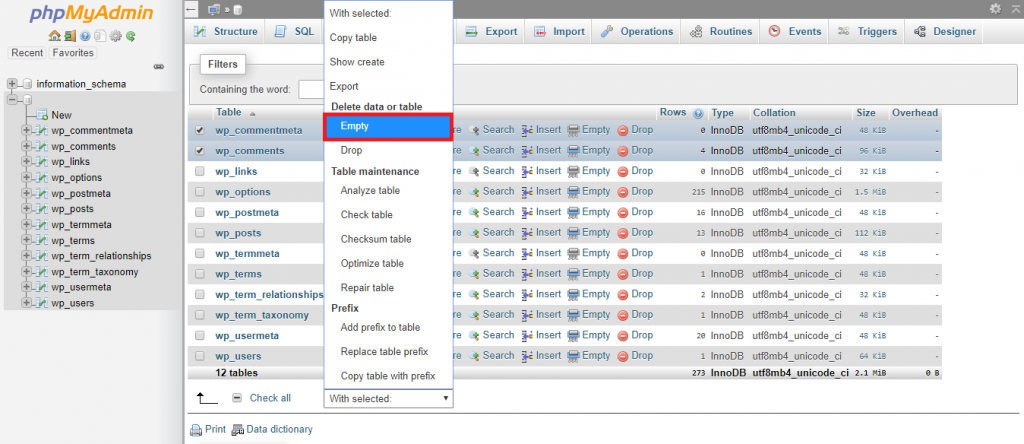 This image shows you how to automatically generate SQL query to empty wp_comments and wp_commentmeta tables.