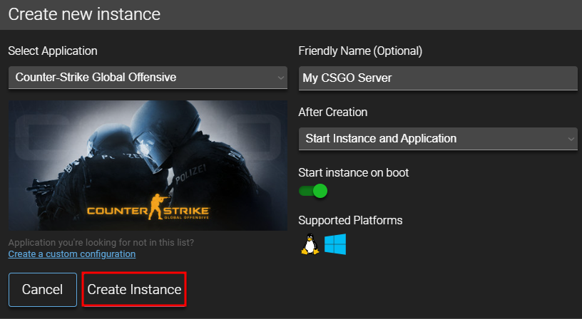 The Create Instance button on Game Panel