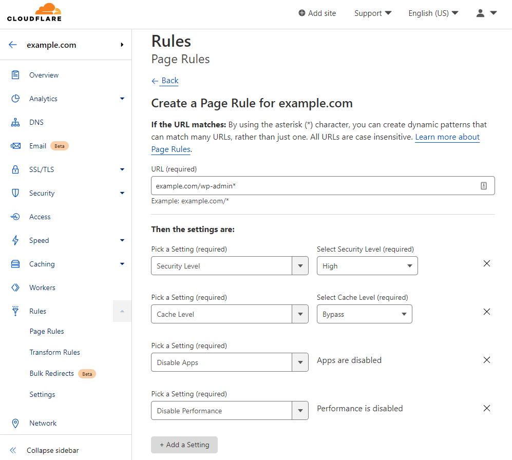 Cloudflare's page rules for WordPress admin