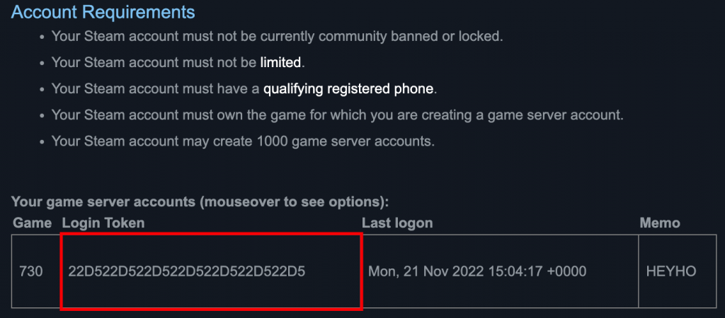 The login token on the Steam server management page.
