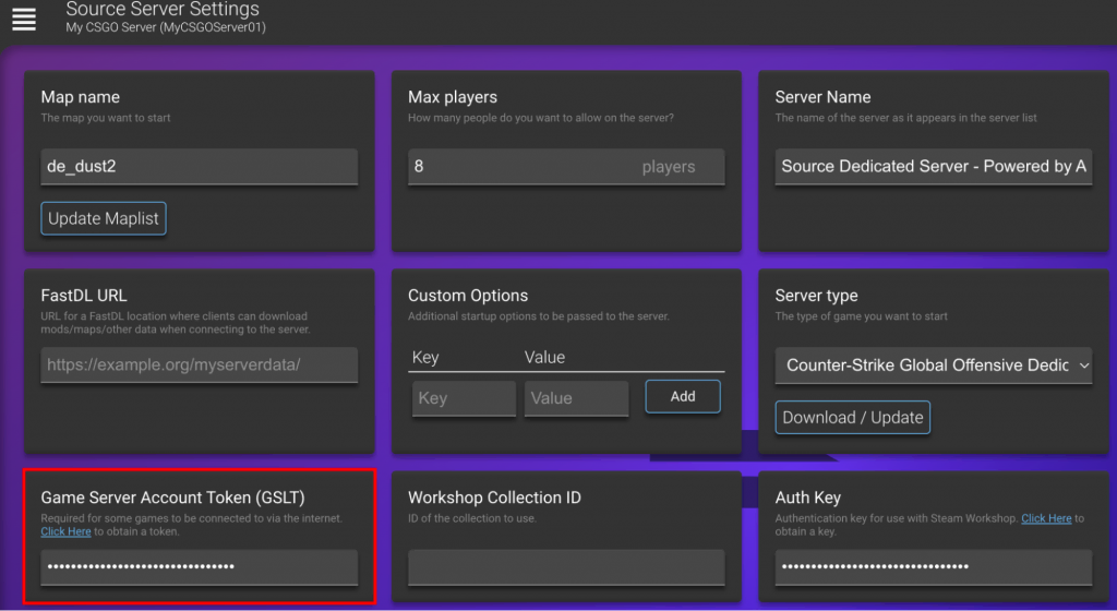 The Game Server Account Token (GSLT) window in the Source Server Settings on Game Panel.