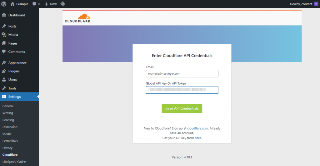 WordPress Cloudflare settings, featuring the Enter Cloudflare API credentials window