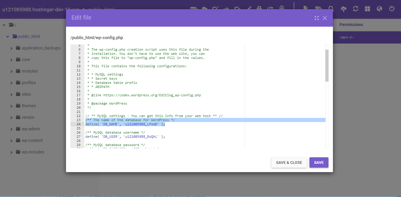 This image shows the location of WordPress database name in wp-config.php